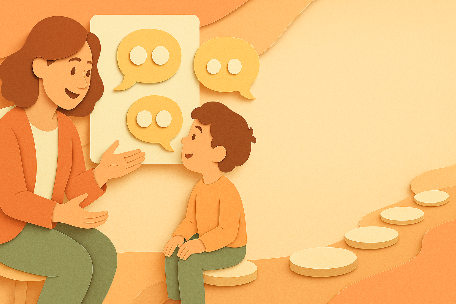 	Child practicing with a speech therapist; friendly speech bubbles and stepping-stone word tiles show progress in NDIS speech therapy for stuttering.