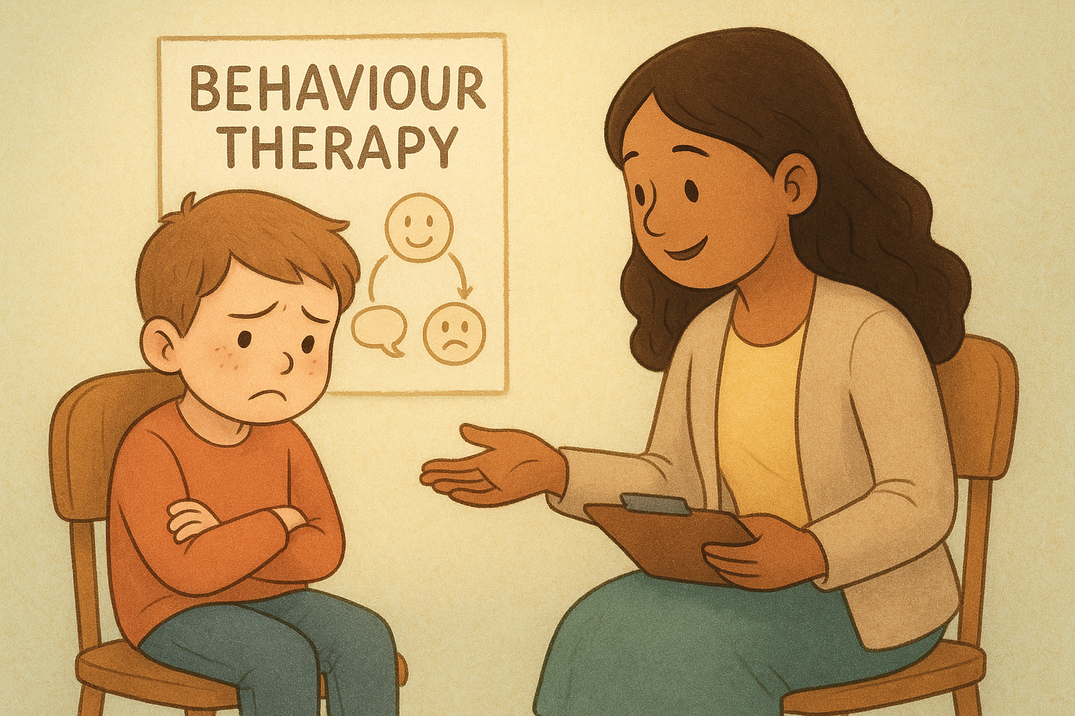 Therapist supporting a frustrated child in a behaviour therapy session.