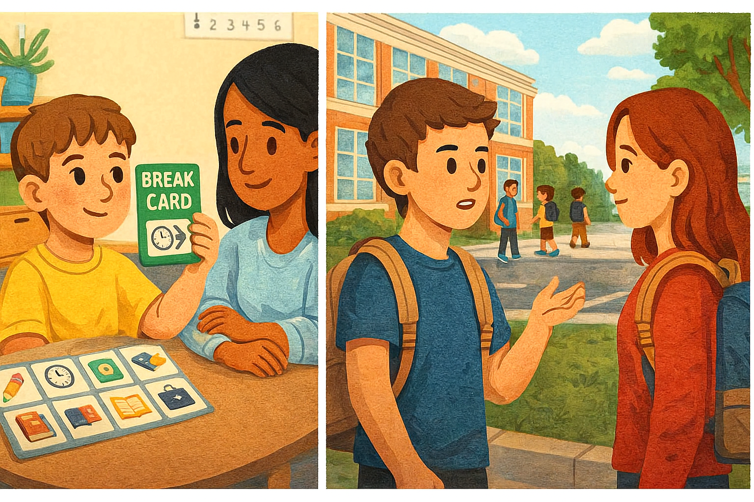 Two teens support a friend who is overwhelmed at school, demonstrating an NDIS behaviour goal focused on healthy coping strategies for adolescents.