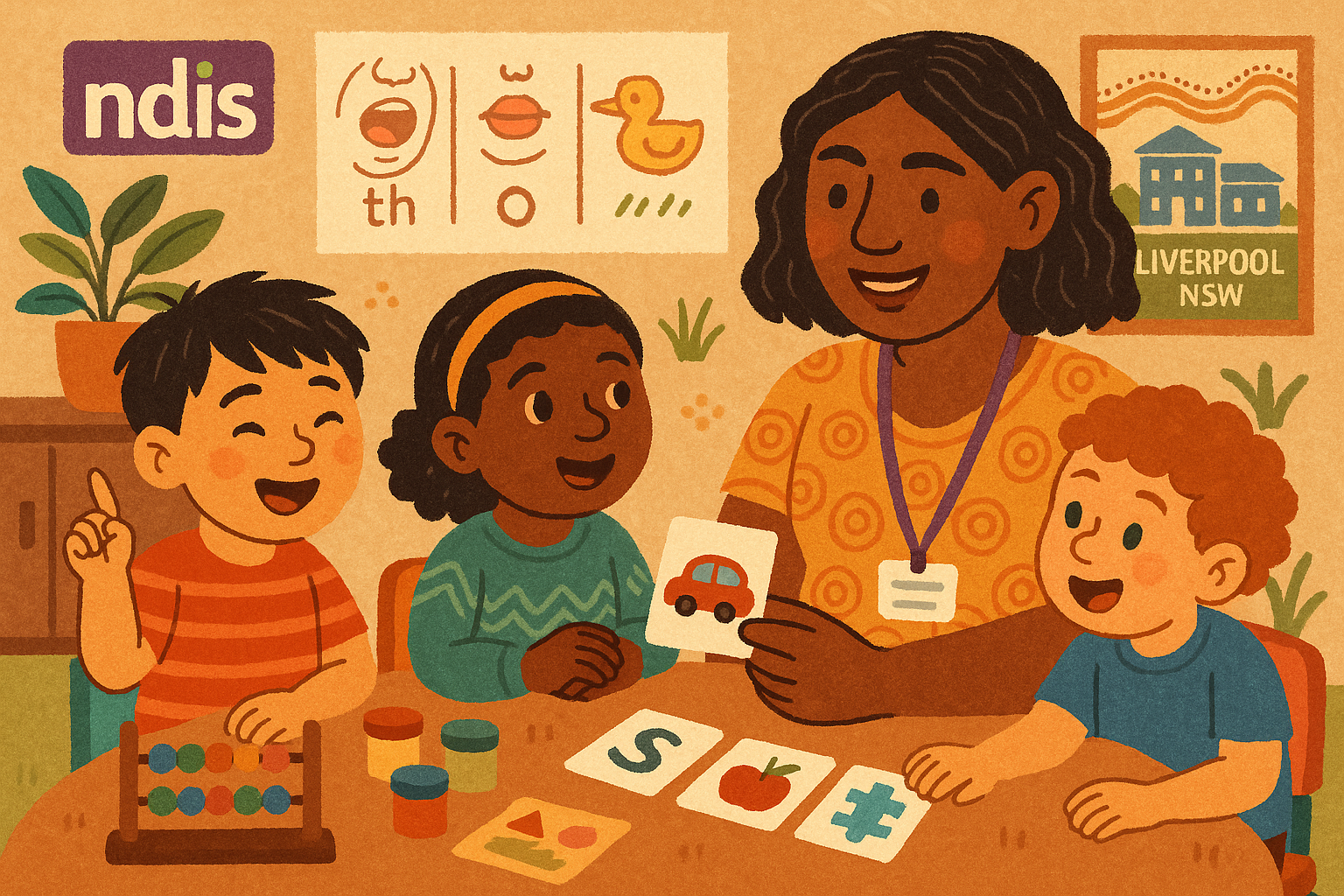 Kids engaged in a play-based NDIS social skills session, learning to take turns and communicate.