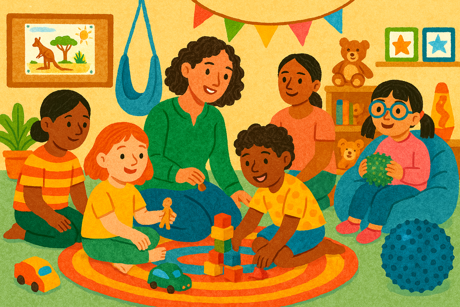 Children participating in a small, play-based NDIS social skills group