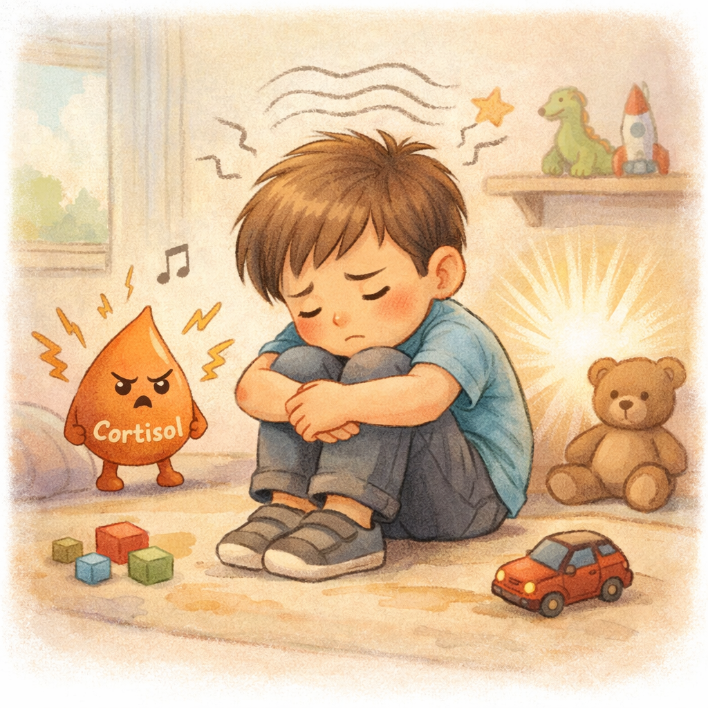 Classroom scene showing an autistic child managing sensory overload, accompanied by educational icons representing cortisol and stress.