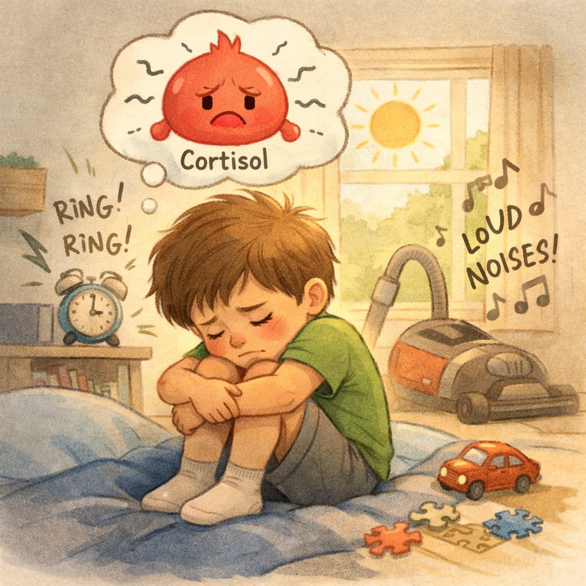 Autistic child practicing calming techniques, with graphics showing reduced cortisol levels and improved emotional regulation.