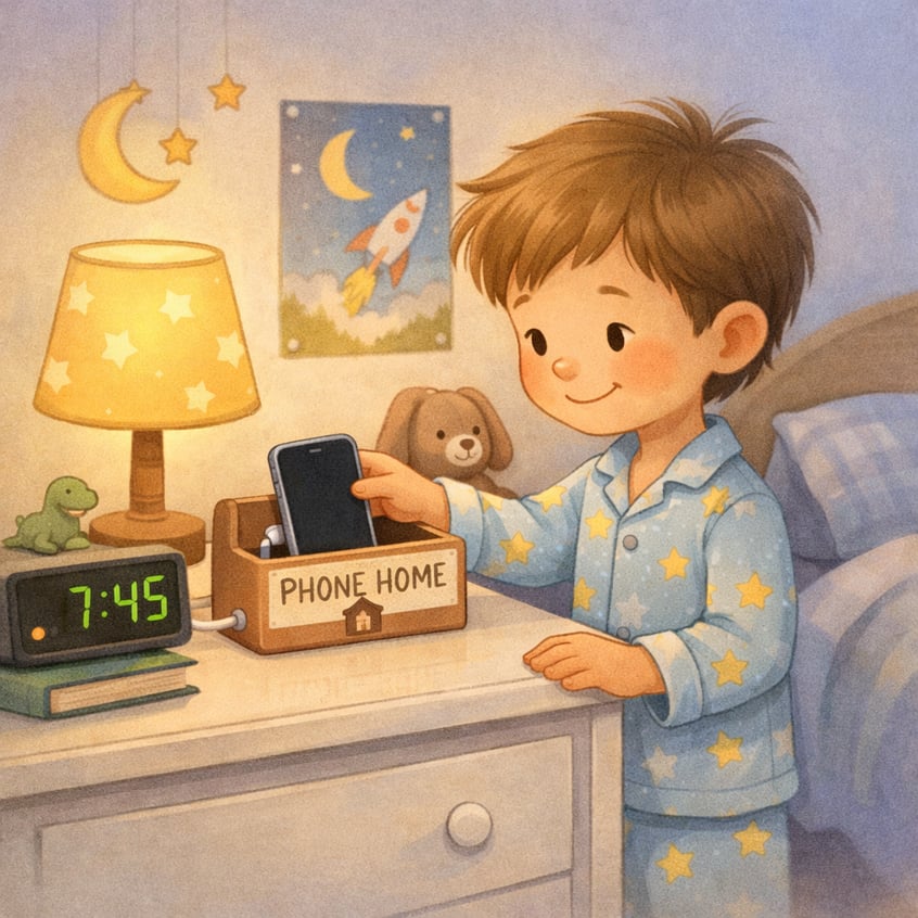 A bedtime routine scene where a child places their phone in a designated charging area as part of screen time rules.