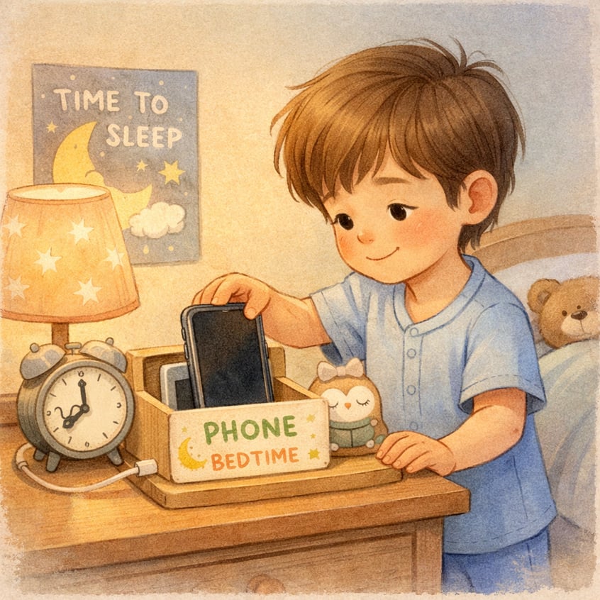 A bedtime routine scene where a child places their phone in a designated charging area as part of screen time rules.