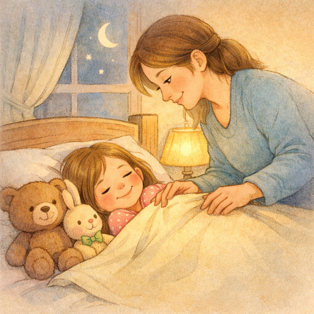 A parent gently tucking a smiling child into bed during bedtime routine with stuffed animals nearby.