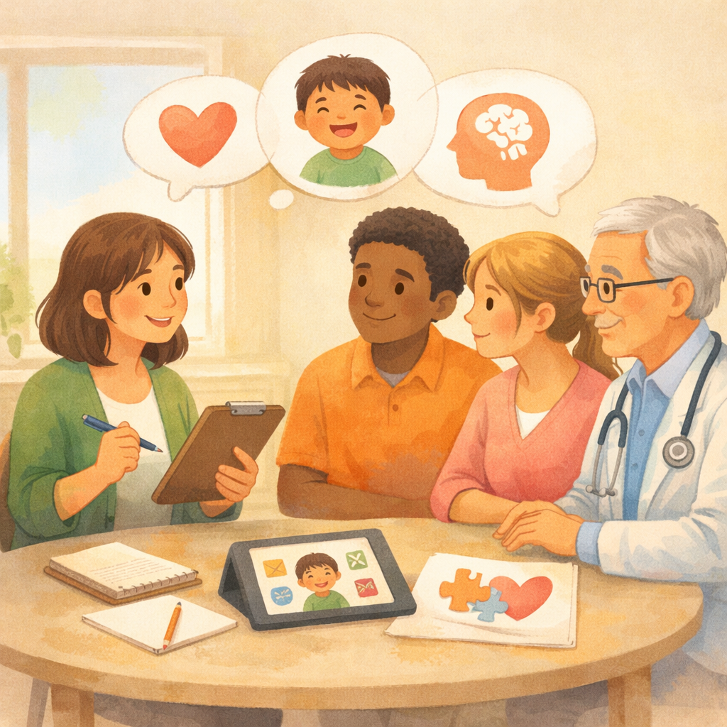 Behavior Support Practitioner with Care Team in Soft Colored Illustration