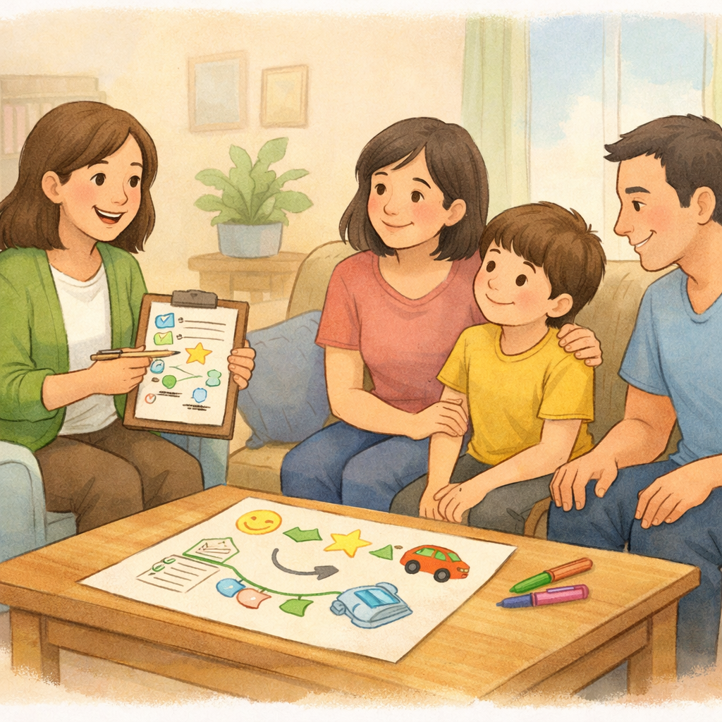 Behavior Support Practitioner with Family in Living Room-3