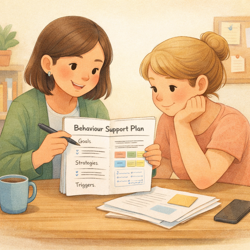 Behaviour Support Practitioner Reviewing Plan with Caregiver-1