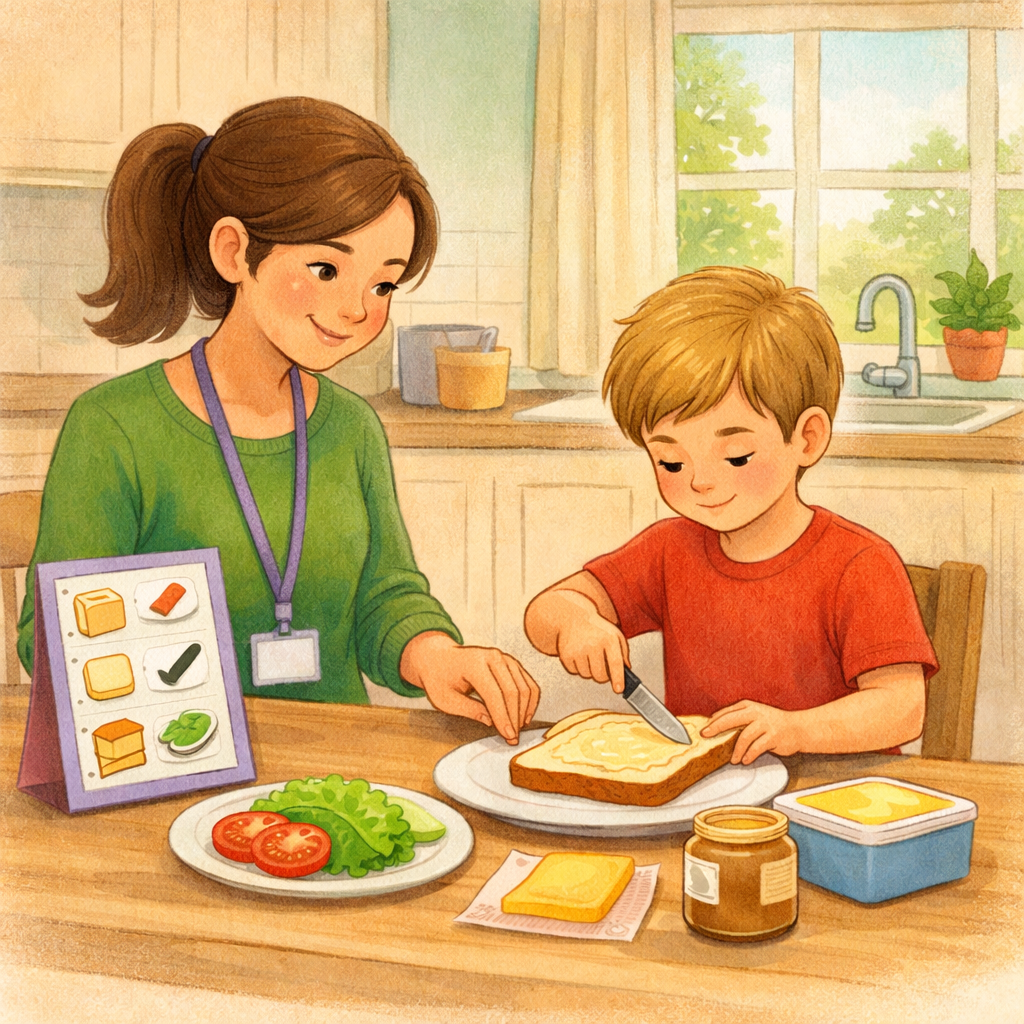 Behaviour Support Practitioner Teaching Daily Living Skills at Home