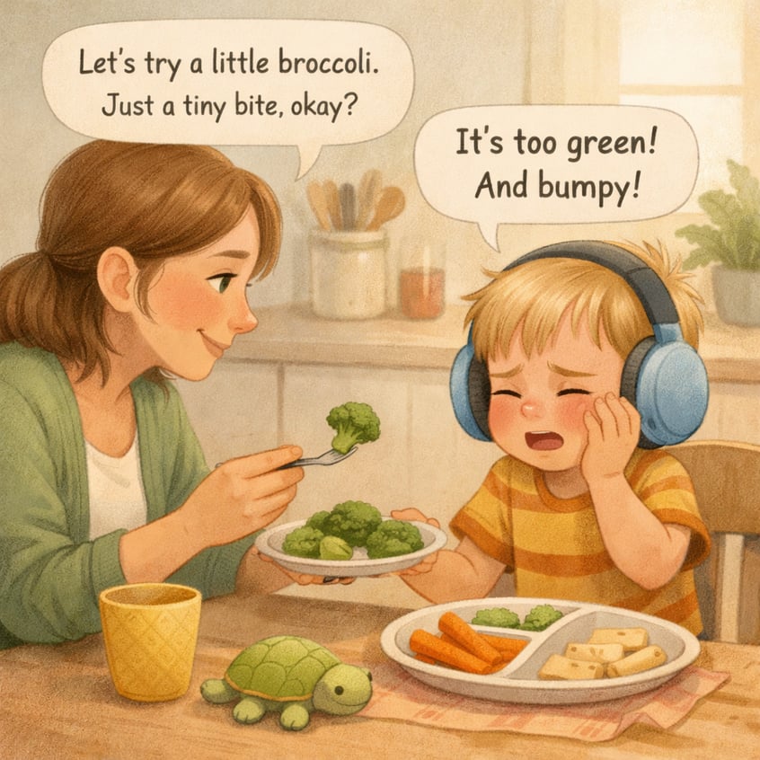 Caregiver Introducing Healthy Foods to Child with Sensory Sensitivities