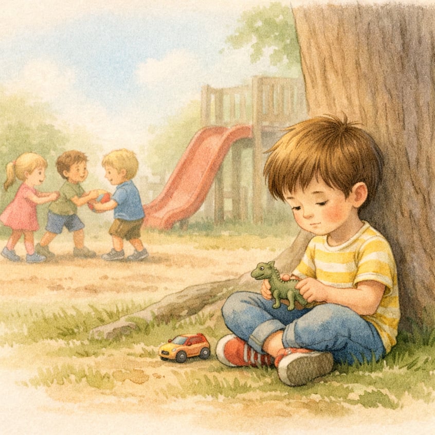 Child Alone in Quiet Playroom with Gentle Textured Shading