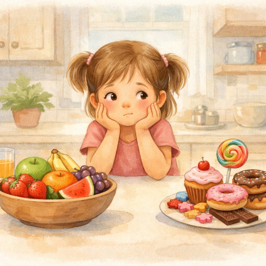 Child Choosing Fresh Fruit Over Sugary Treats