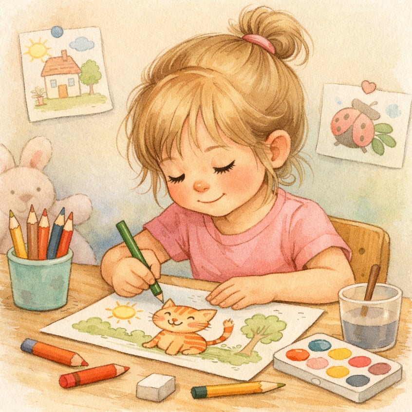 Child Drawing with Crayons on Colored Paper