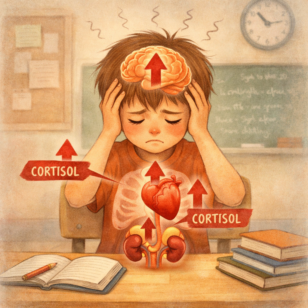 Child Feeling Stressed at School with Cortisol Arrows