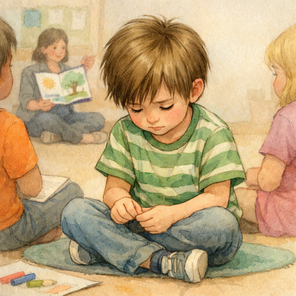 A child fidgeting and looking down during a group activity, appearing anxious and withdrawn.