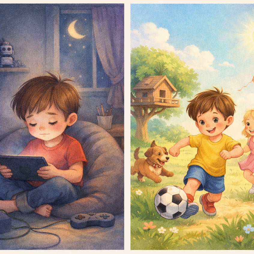 A visual comparison of a child spending long hours on gadgets versus engaging in active play.