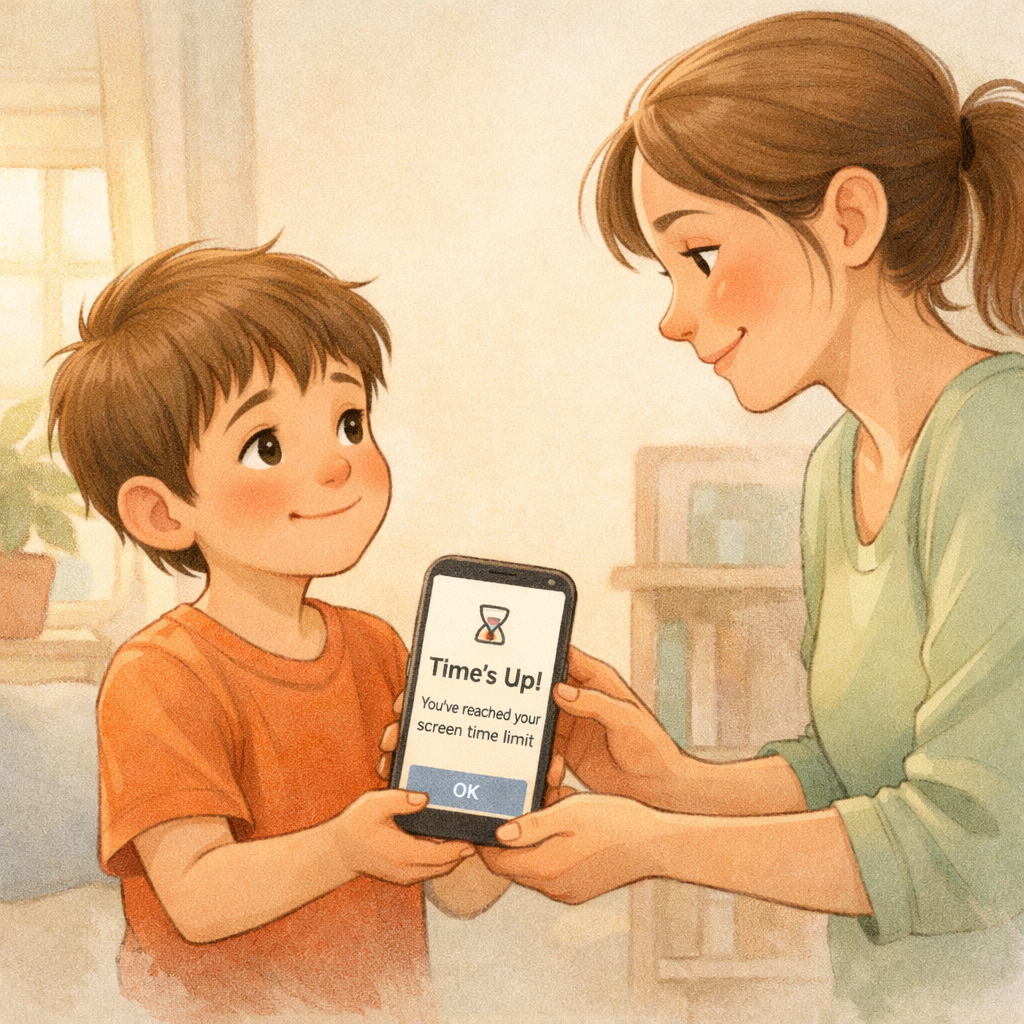 Child Hands Phone to Parent at Screen Time Alert-1
