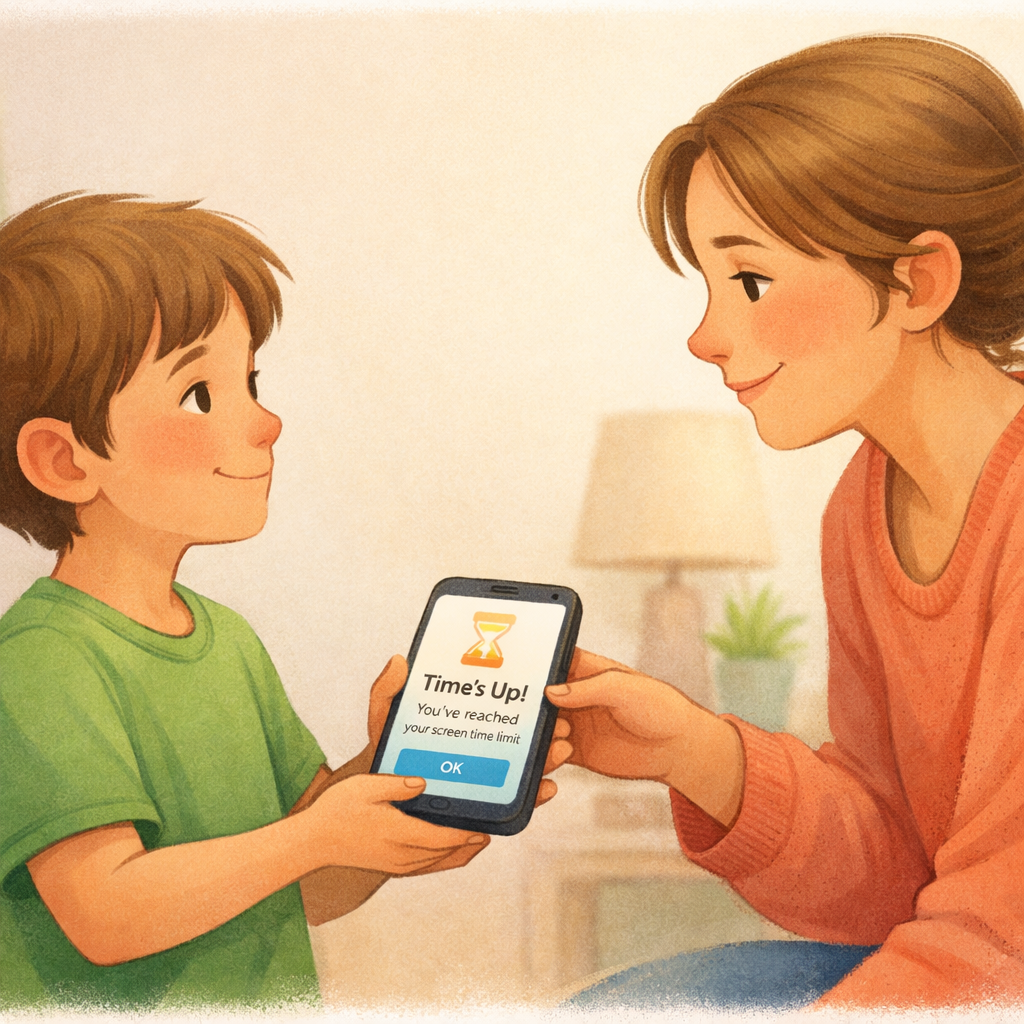 Child Hands Phone to Parent at Screen Time Alert