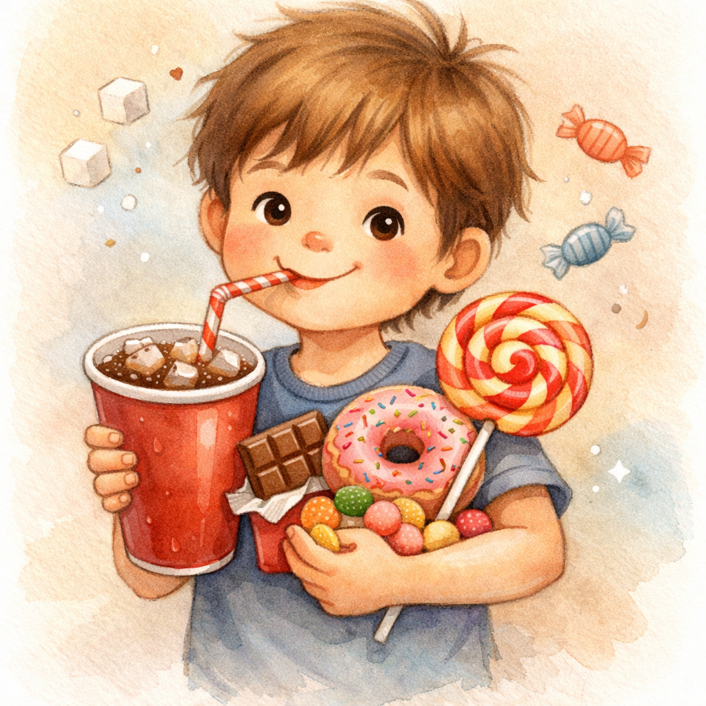 Child holding soda and sweets illustrating high sugar intake