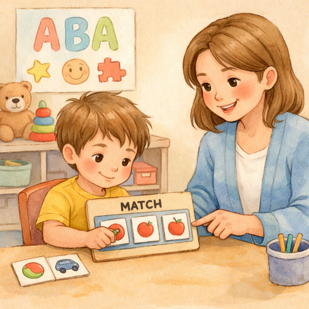Therapist and child engaged in an ABA activity, with visual aids and rewards used to encourage skill development, attention, and positive behaviors.
