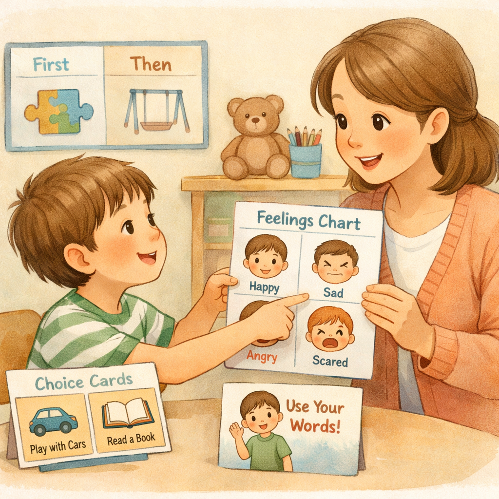 Child Learning Communication With Visual Aids During Therapy