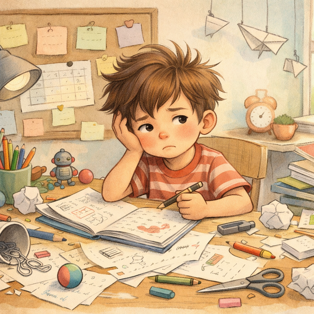 Child Messy Desk Disorganization ADHD Illustration-1