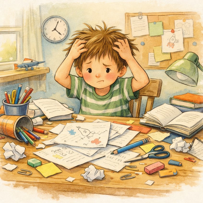 Child Messy Desk Disorganization ADHD Illustration