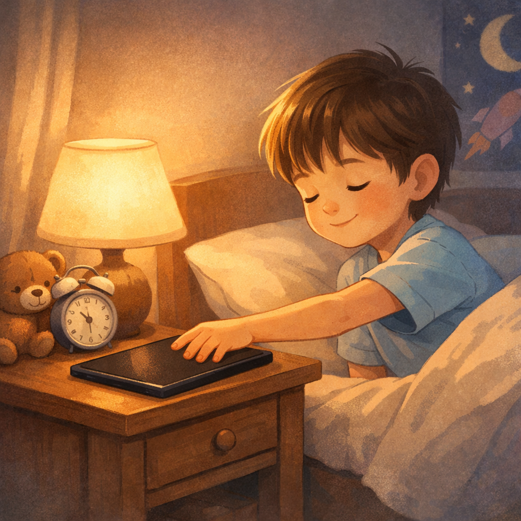 Child Putting Tablet Away on Bedside Table at Dusk-1