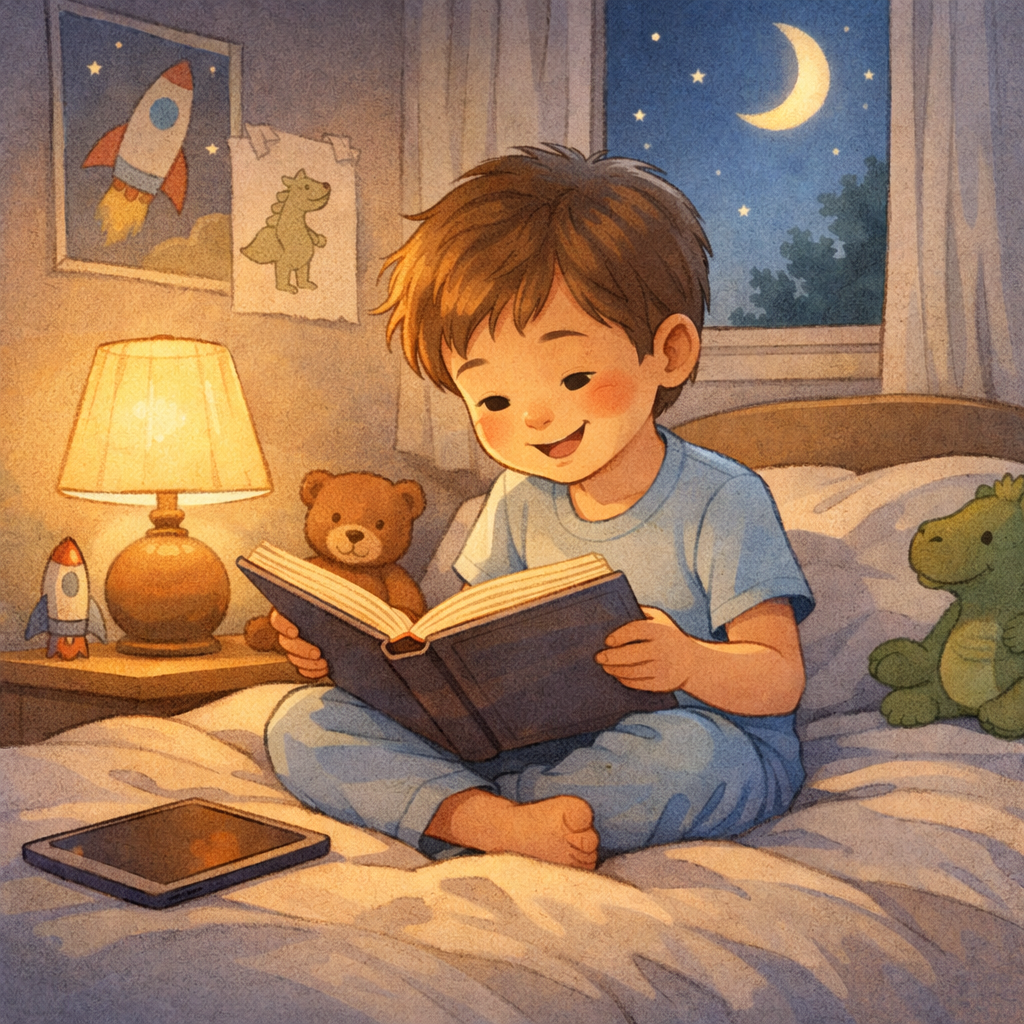 Child Reading Book at Evening with Gentle Gradients