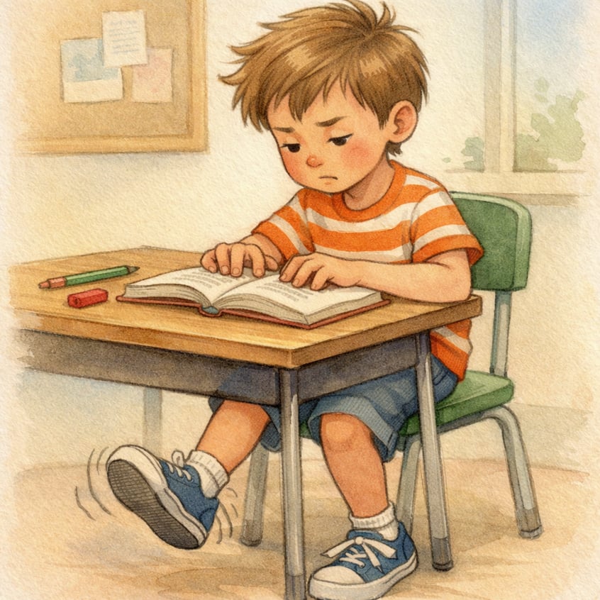 Child Reading with Bouncing Legs and Tapping Fingers