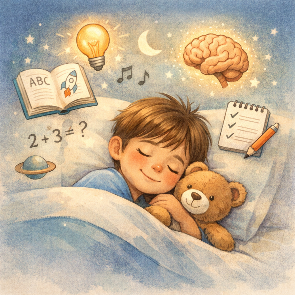 Child Sleeping with Learning and Growth Icons