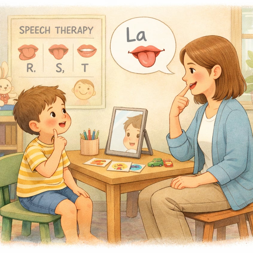 Therapist using a mirror to guide a child’s speech articulation