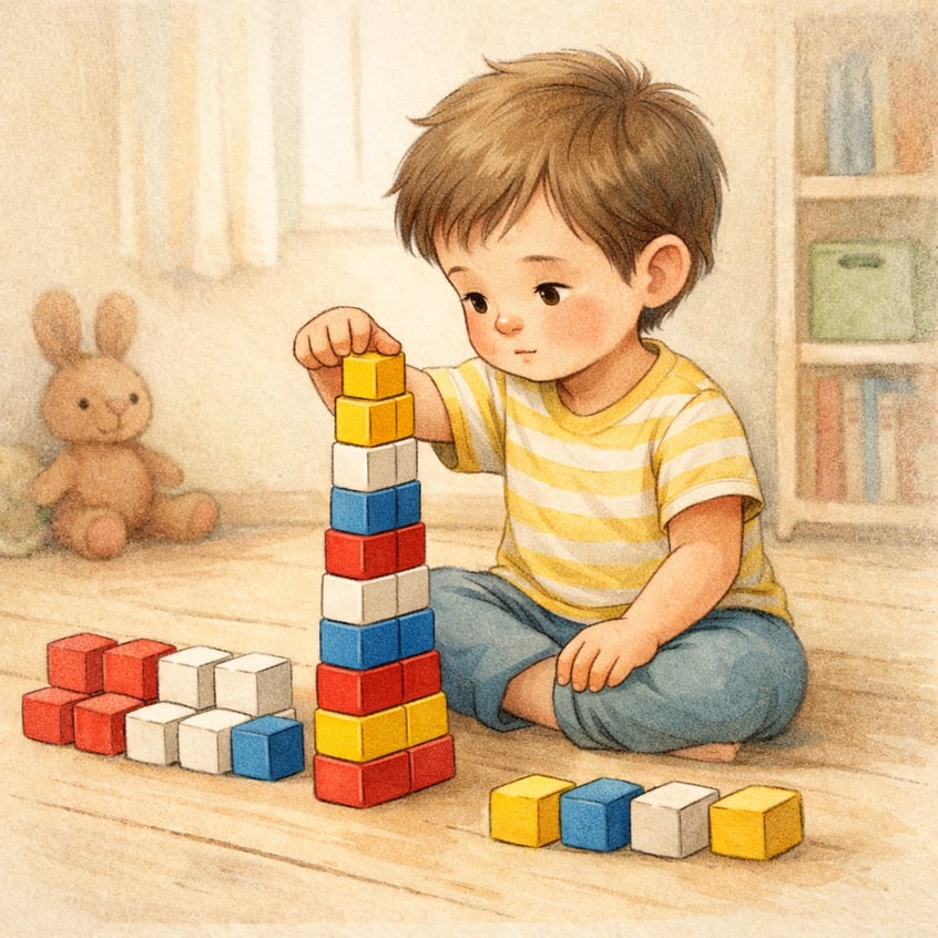 A child repeatedly stacking blocks in a specific pattern, showing repetitive behaviors often associated with autism spectrum conditions.