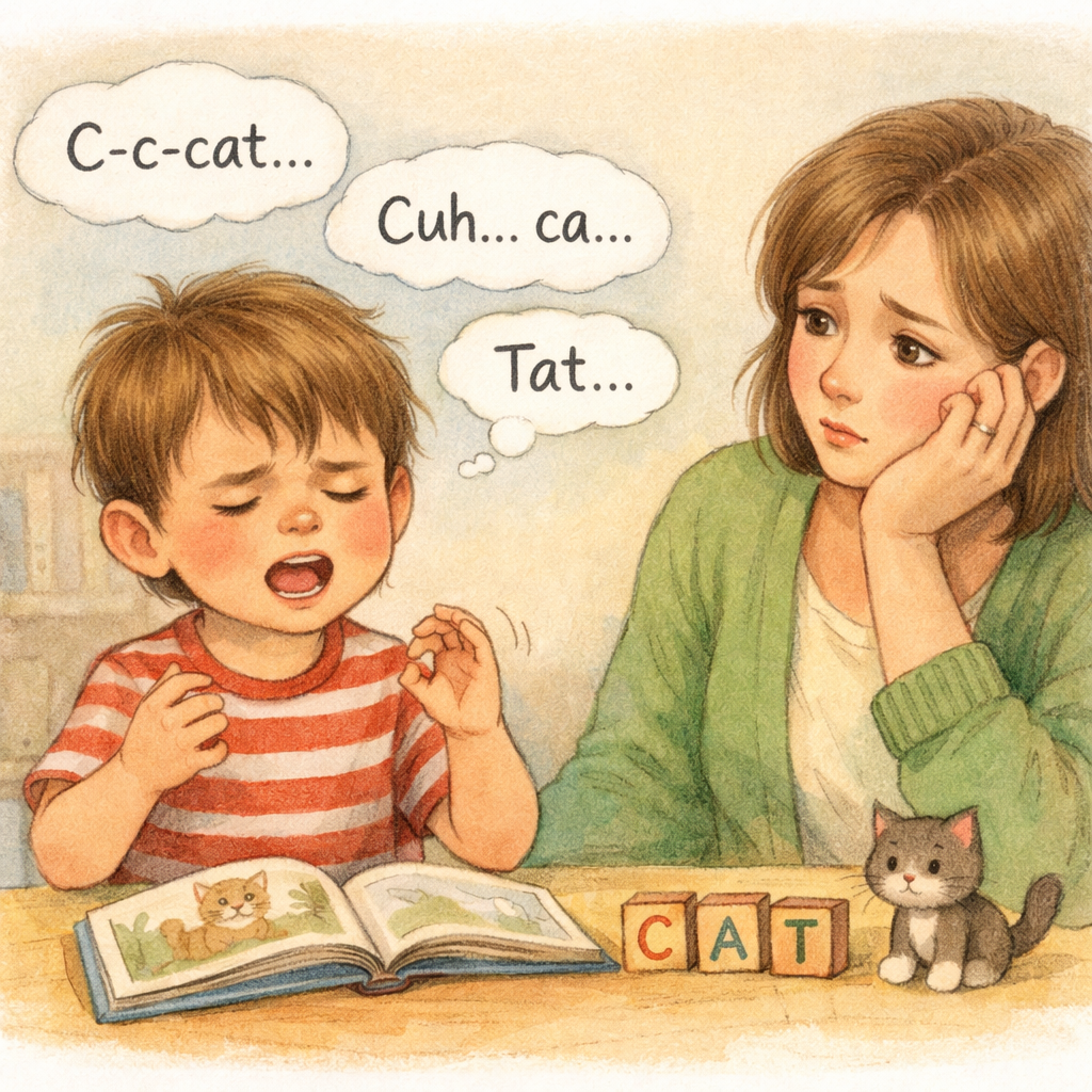 Child Struggles with Speech While Caregiver Watches Concerned