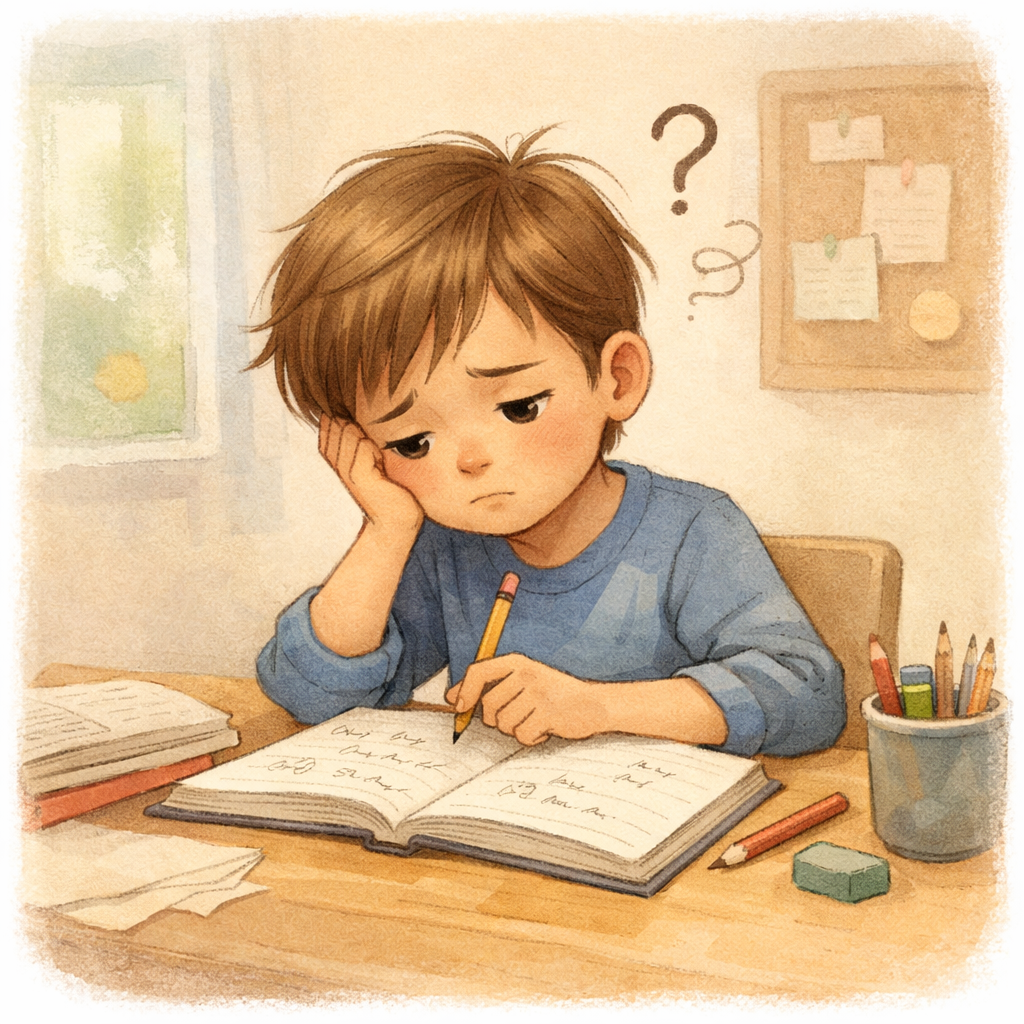 Child Struggling with Homework in Soft Pastel Colors