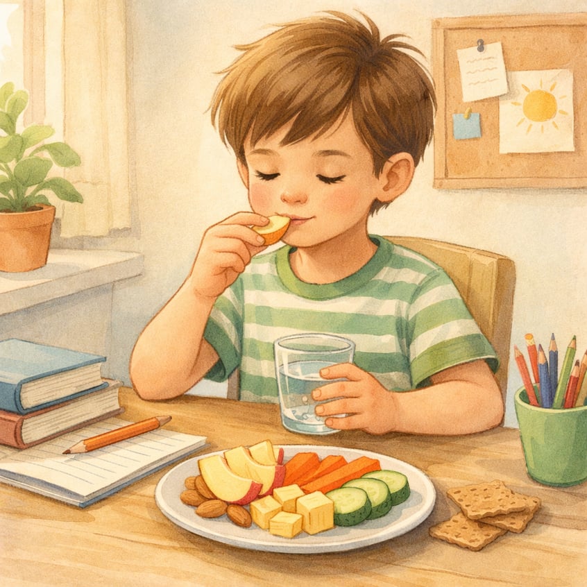 Child Studying with Healthy Snack