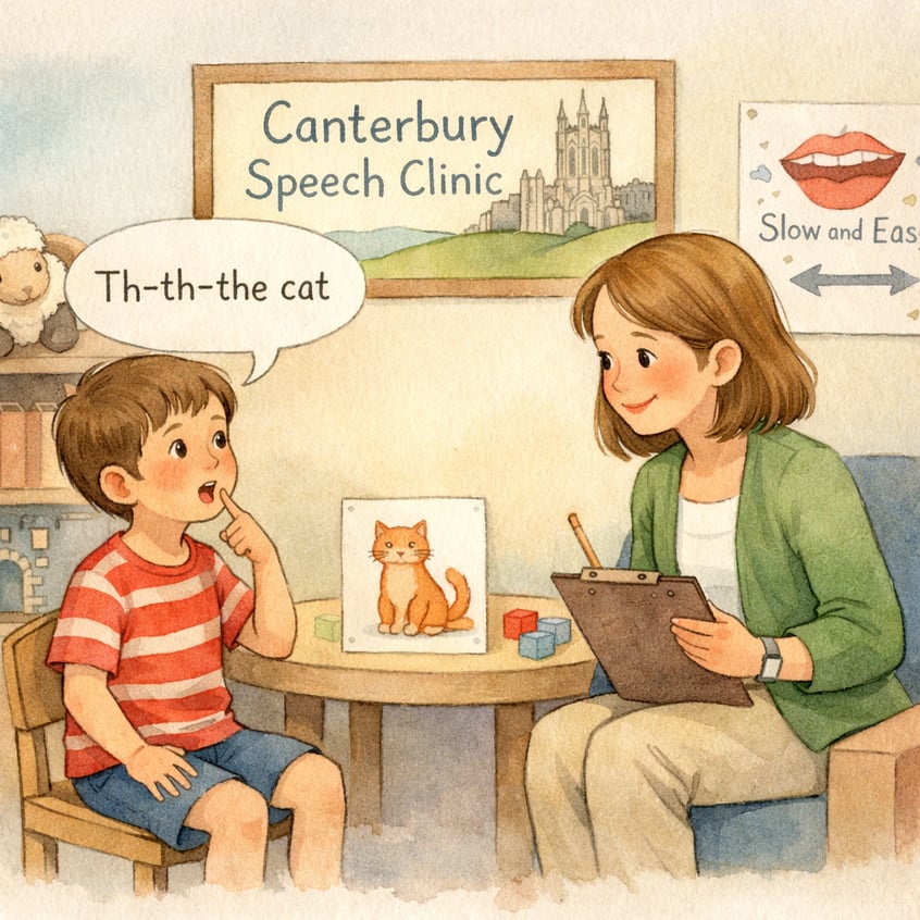 Child receiving stuttering therapy support at a Canterbury clinic