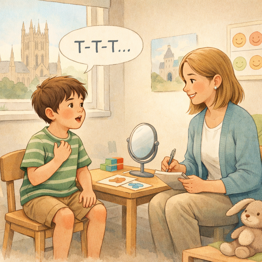 Speech pathologist coaching a child through stuttering strategies