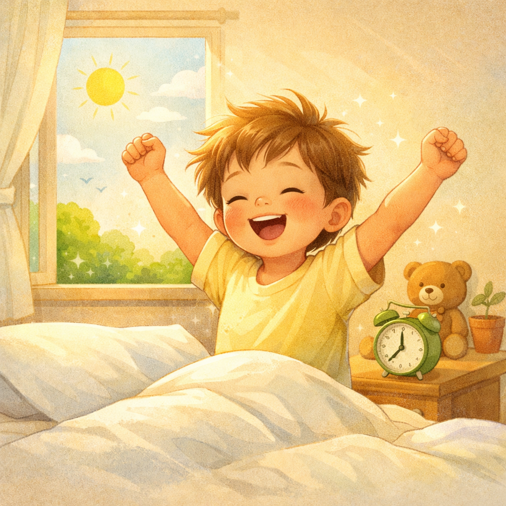 Child waking up refreshed in the morning, representing healthy sleep and balanced stress hormones.