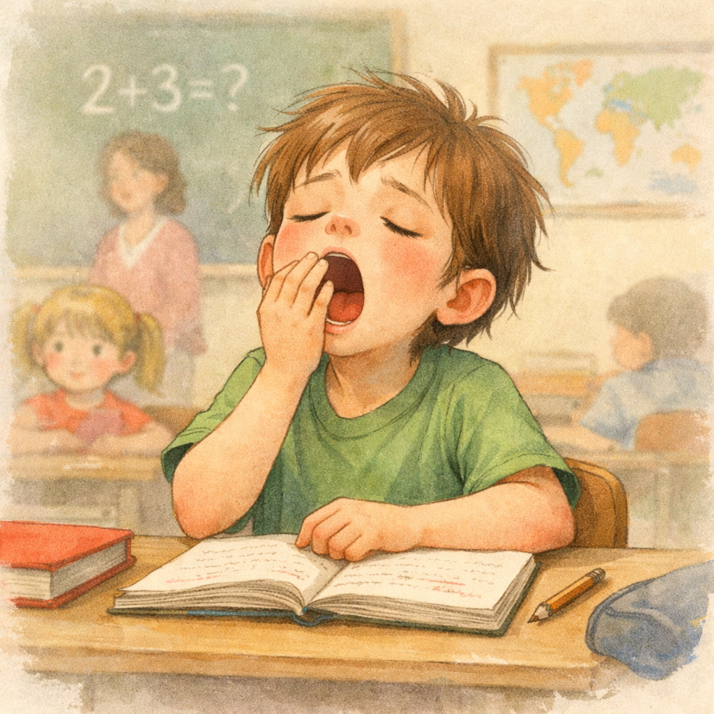 Child Yawning in Class with Subtle Textured Shading