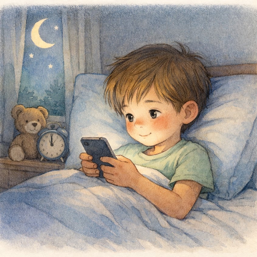 Child in Bed with Mobile Device at Night