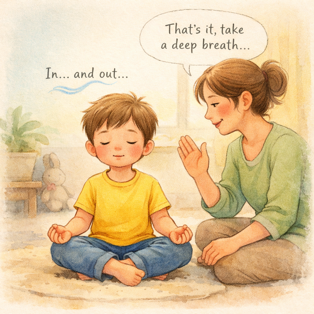 Child in Calm Breathing Moment with Caregiver Guidance