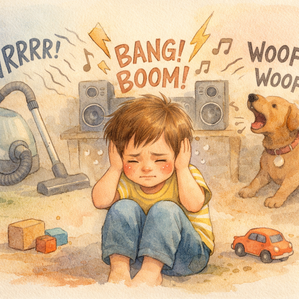 Child in Distressed Pose Amid Noisy Environment