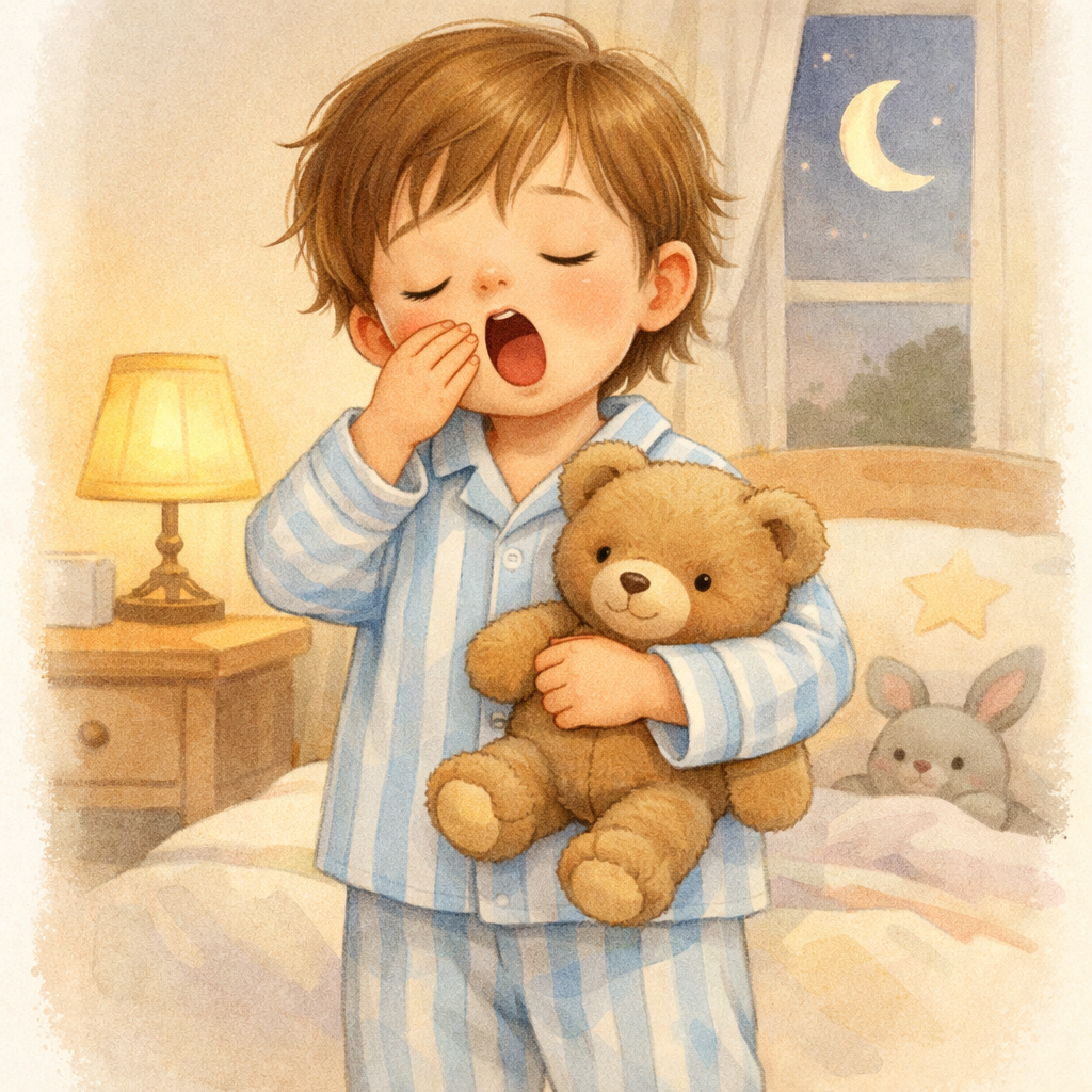 Child in Pajamas Yawning with Teddy Bear at Dusk-2