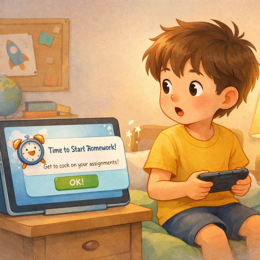 Child with Phone Notifying Homework Reminder-1