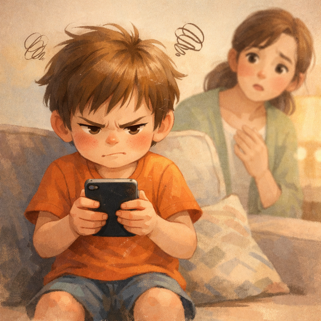Child with Smartphone Showing Restlessness and Caregiver Concern-1-1
