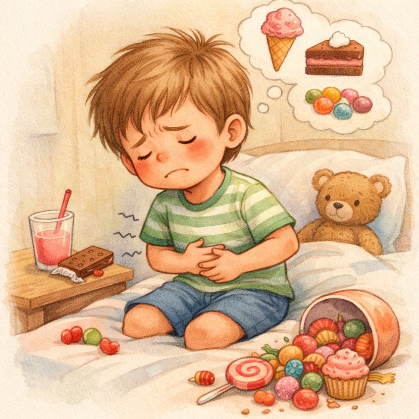 Child with Stomachache After Eating Too Many Sweets-1