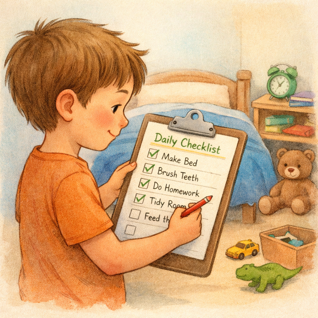 A child using a checklist to complete daily tasks, helping improve organization skills.