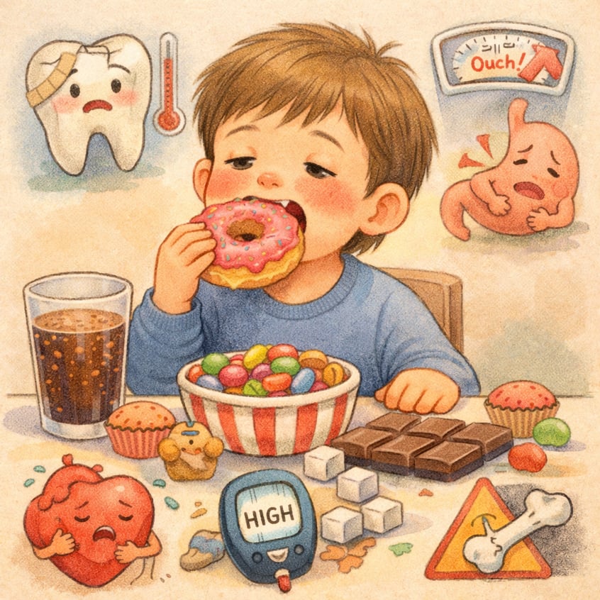 Assortment of candies and sugary drinks commonly consumed by children